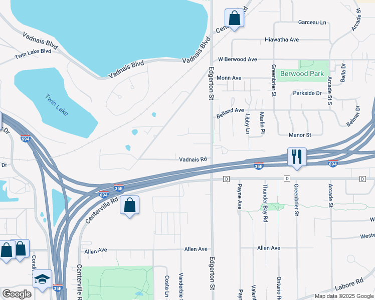 map of restaurants, bars, coffee shops, grocery stores, and more near 545 Vadnais Road in Vadnais Heights