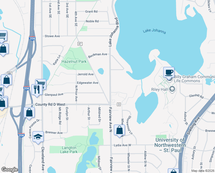 map of restaurants, bars, coffee shops, grocery stores, and more near 3185 Lake Johanna Boulevard in Arden Hills