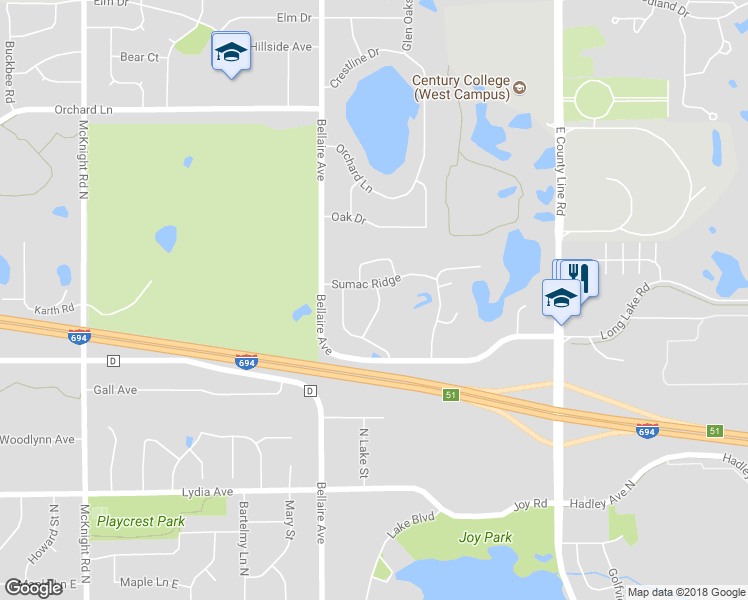 map of restaurants, bars, coffee shops, grocery stores, and more near 2551 Manitou Lane in White Bear Lake