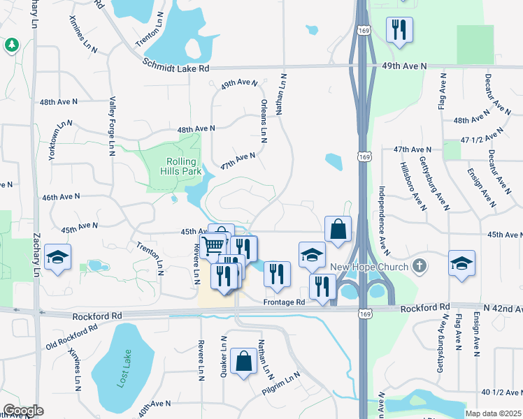 map of restaurants, bars, coffee shops, grocery stores, and more near 4545 Nathan Lane North in Plymouth