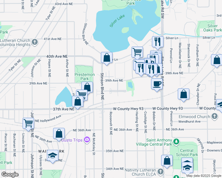 map of restaurants, bars, coffee shops, grocery stores, and more near 2551 38th Avenue Northeast in Saint Anthony