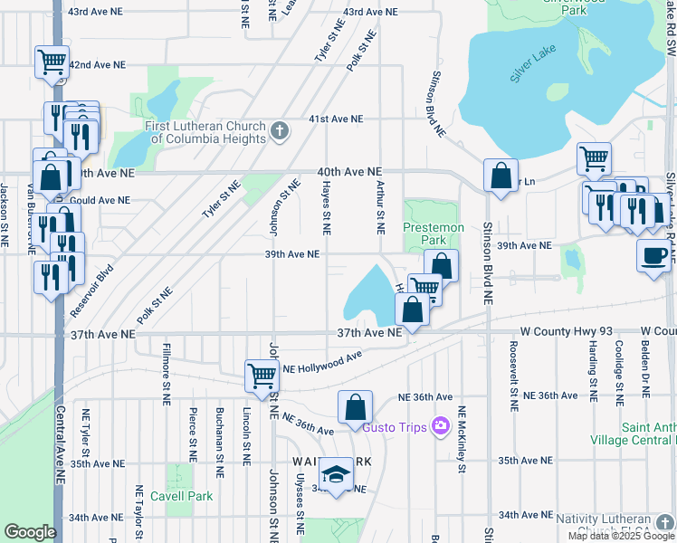 map of restaurants, bars, coffee shops, grocery stores, and more near 3841 Hayes St NE in Minneapolis