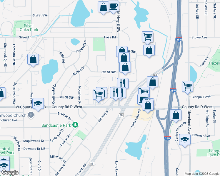 map of restaurants, bars, coffee shops, grocery stores, and more near 900 County Road D West in New Brighton