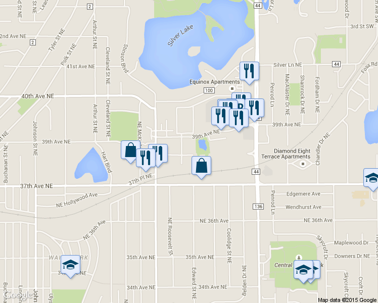 map of restaurants, bars, coffee shops, grocery stores, and more near 2540 38th Avenue Northeast in Saint Anthony