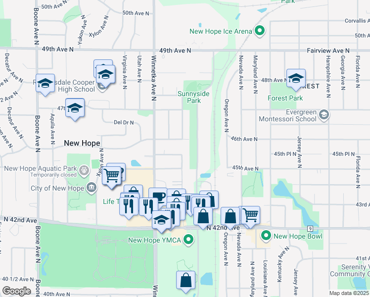 map of restaurants, bars, coffee shops, grocery stores, and more near 7700 45 1/2 Avenue North in Minneapolis