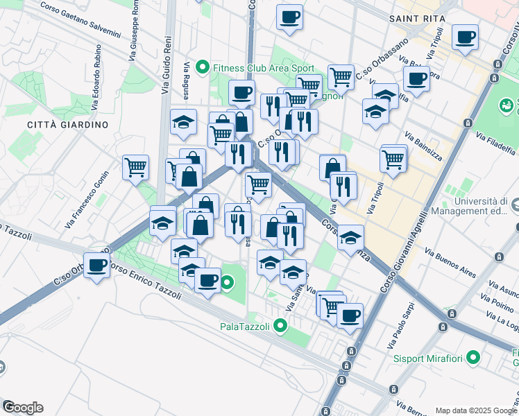 map of restaurants, bars, coffee shops, grocery stores, and more near 24 Via Don Bartolomeo Grazioli in Torino