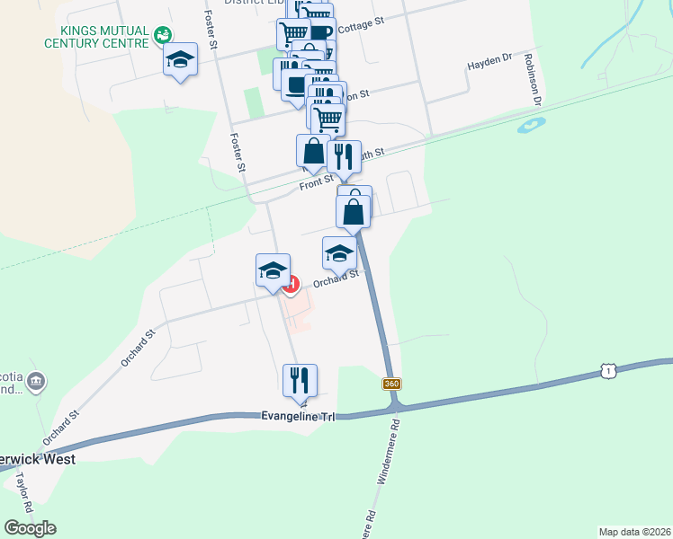 map of restaurants, bars, coffee shops, grocery stores, and more near 104 Orchard Street in Berwick