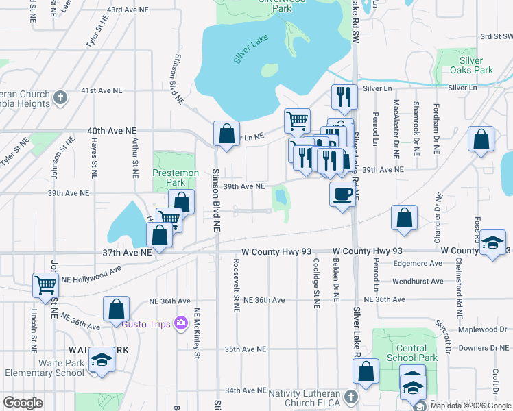 map of restaurants, bars, coffee shops, grocery stores, and more near 2540 38th Avenue Northeast in Saint Anthony