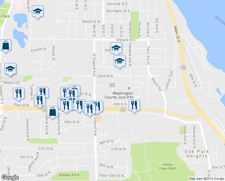 map of restaurants, bars, coffee shops, grocery stores, and more near 6137 Oxboro Avenue North in Stillwater