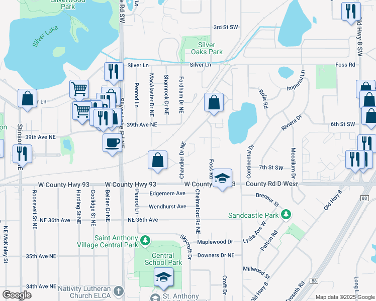 map of restaurants, bars, coffee shops, grocery stores, and more near 3801 Chandler Drive Northeast in Minneapolis