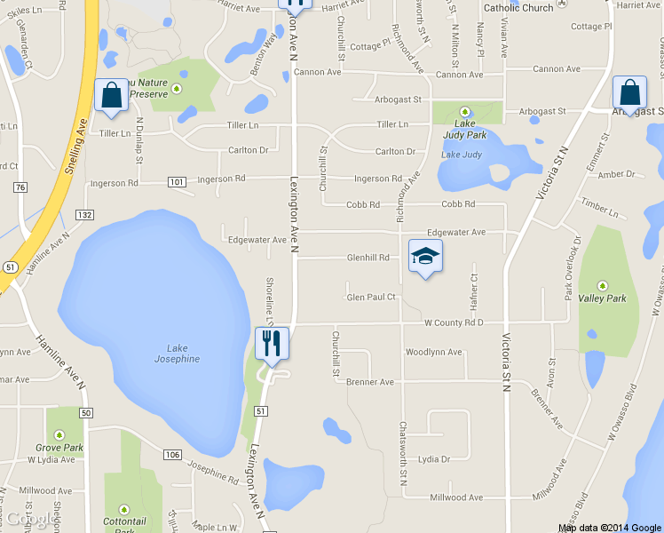 map of restaurants, bars, coffee shops, grocery stores, and more near 1064 Glenhill Road in Shoreview