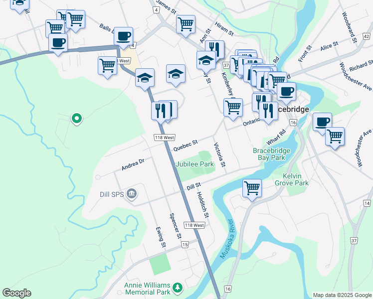 map of restaurants, bars, coffee shops, grocery stores, and more near 186 Quebec Street in Bracebridge