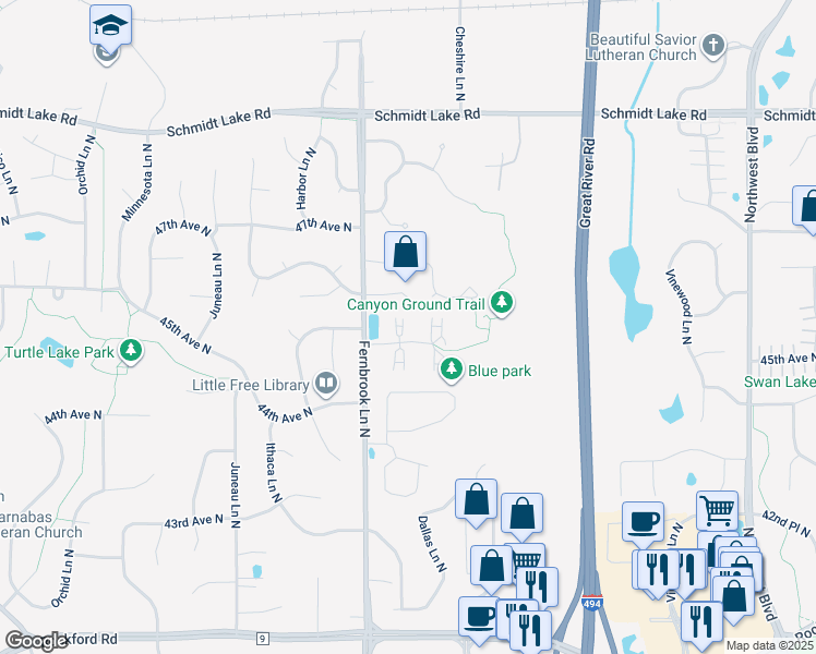map of restaurants, bars, coffee shops, grocery stores, and more near 14040 44th Place North in Minneapolis