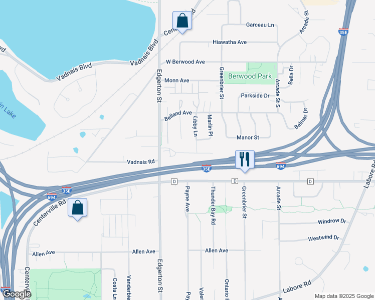 map of restaurants, bars, coffee shops, grocery stores, and more near 602 Liberty Way in Vadnais Heights