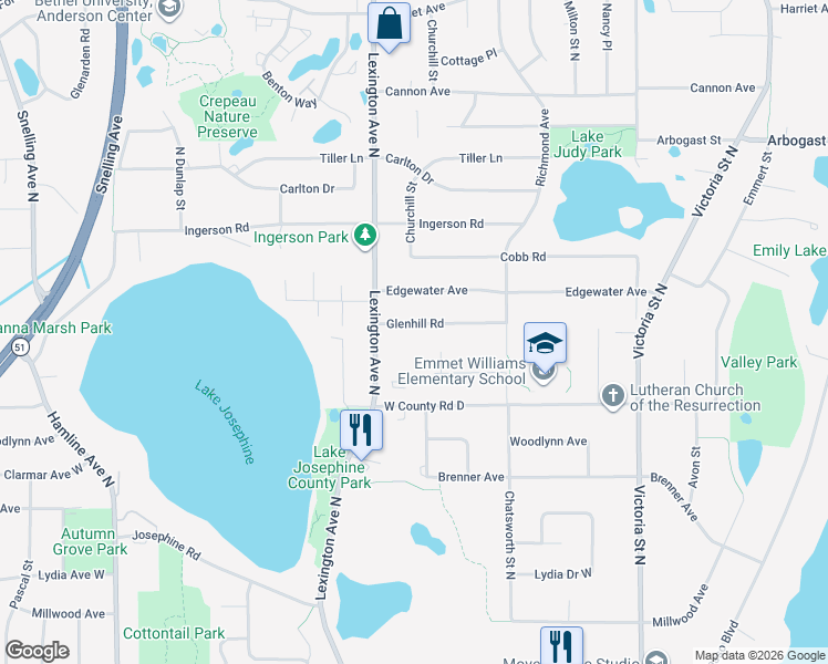 map of restaurants, bars, coffee shops, grocery stores, and more near 1064 Glenhill Road in Shoreview