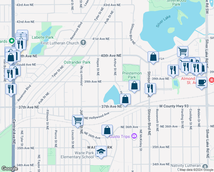 map of restaurants, bars, coffee shops, grocery stores, and more near 3841 Hayes Street Northeast in Minneapolis