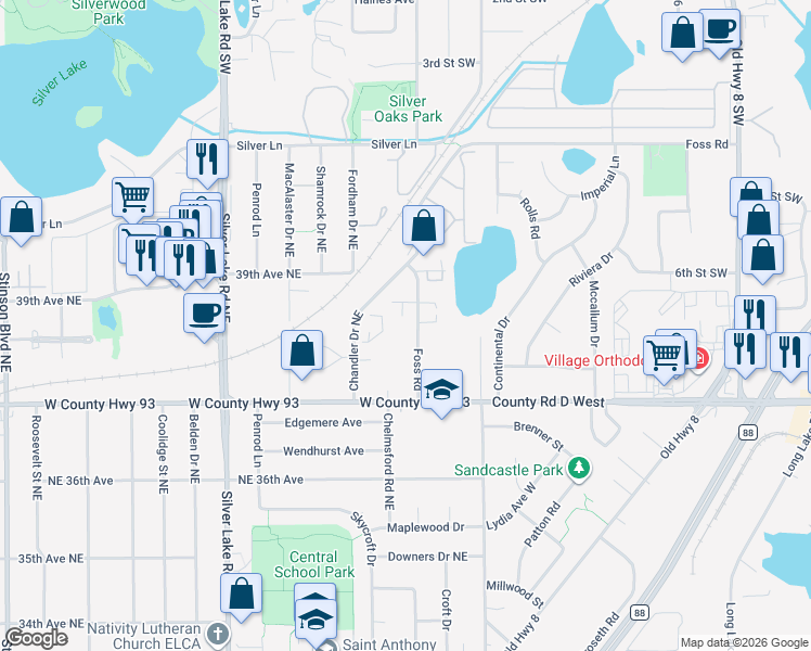 map of restaurants, bars, coffee shops, grocery stores, and more near 3728 Foss Road in Saint Anthony
