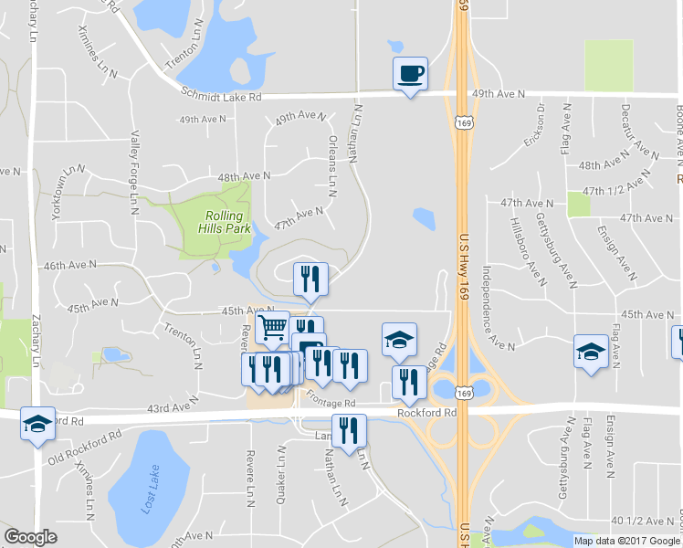 map of restaurants, bars, coffee shops, grocery stores, and more near 4594 Nathan Ln N in Plymouth