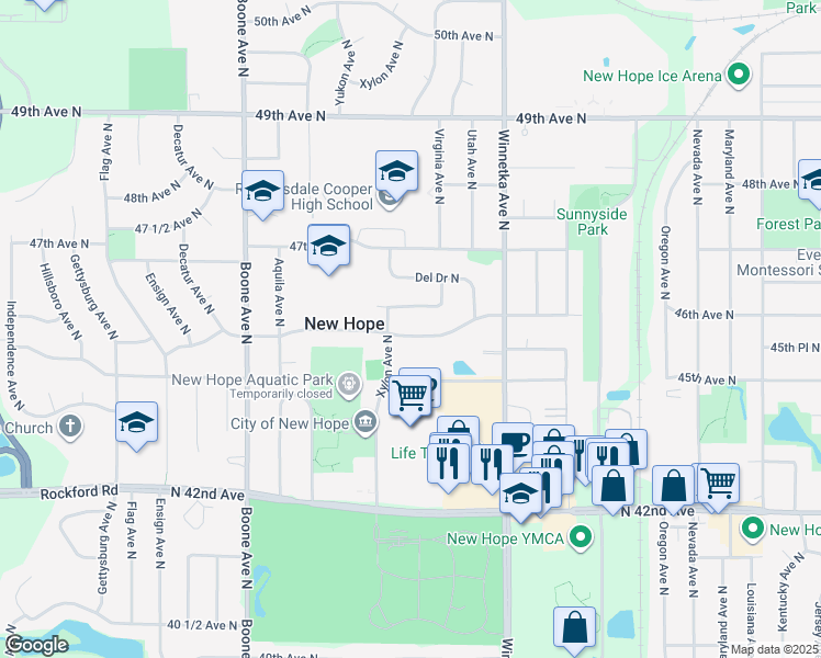 map of restaurants, bars, coffee shops, grocery stores, and more near 8124 46th Avenue North in Minneapolis