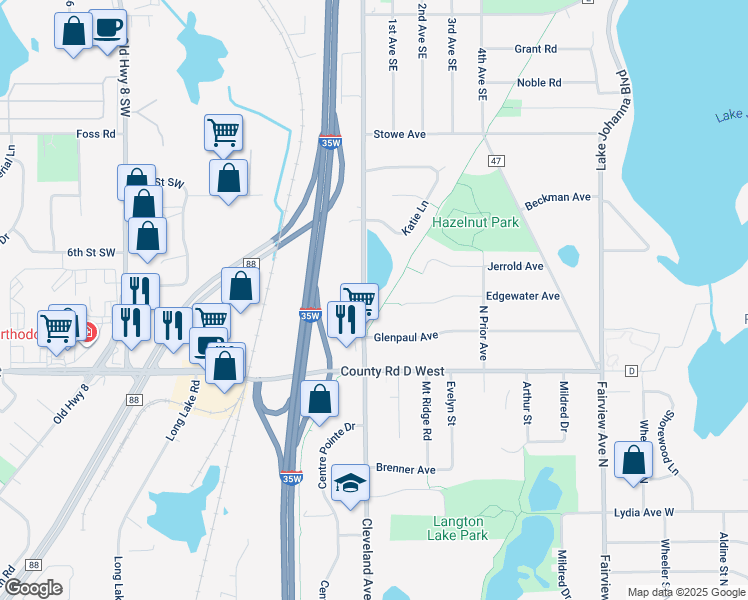 map of restaurants, bars, coffee shops, grocery stores, and more near 3182 Cleveland Avenue North in Arden Hills