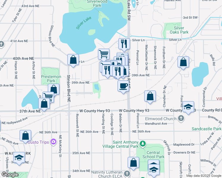 map of restaurants, bars, coffee shops, grocery stores, and more near 3704 Silver Lake Rd NE in Minneapolis