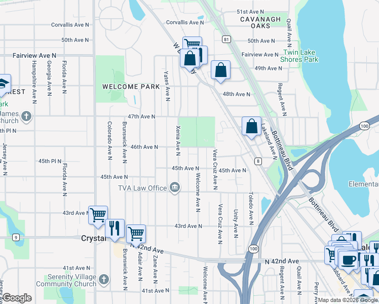 map of restaurants, bars, coffee shops, grocery stores, and more near 4512 Xenia Avenue North in Minneapolis