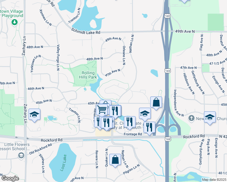 map of restaurants, bars, coffee shops, grocery stores, and more near 4545 Nathan Lane North in Plymouth