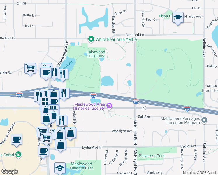 map of restaurants, bars, coffee shops, grocery stores, and more near 3185 Karth Road in White Bear Lake