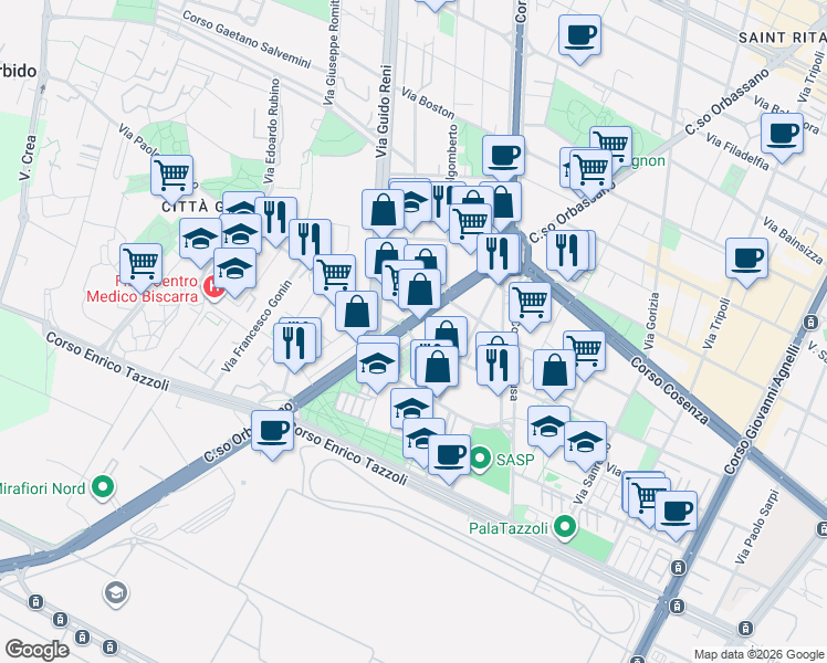 map of restaurants, bars, coffee shops, grocery stores, and more near in Turin