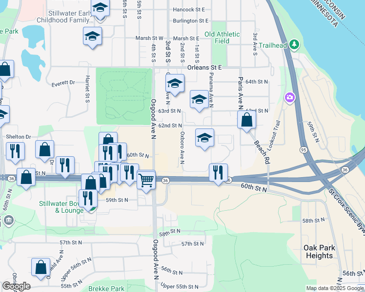 map of restaurants, bars, coffee shops, grocery stores, and more near 6120 Oxboro Avenue North in Stillwater