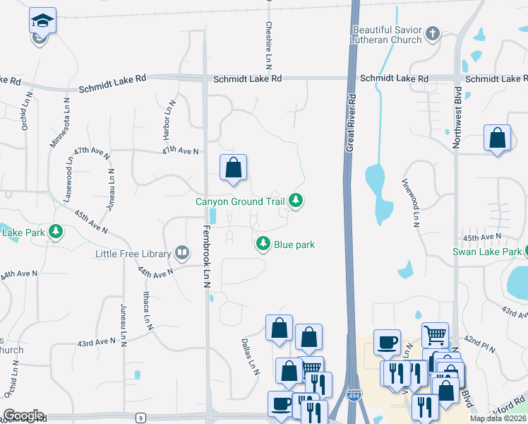 map of restaurants, bars, coffee shops, grocery stores, and more near 14000 44th Place North in Minneapolis