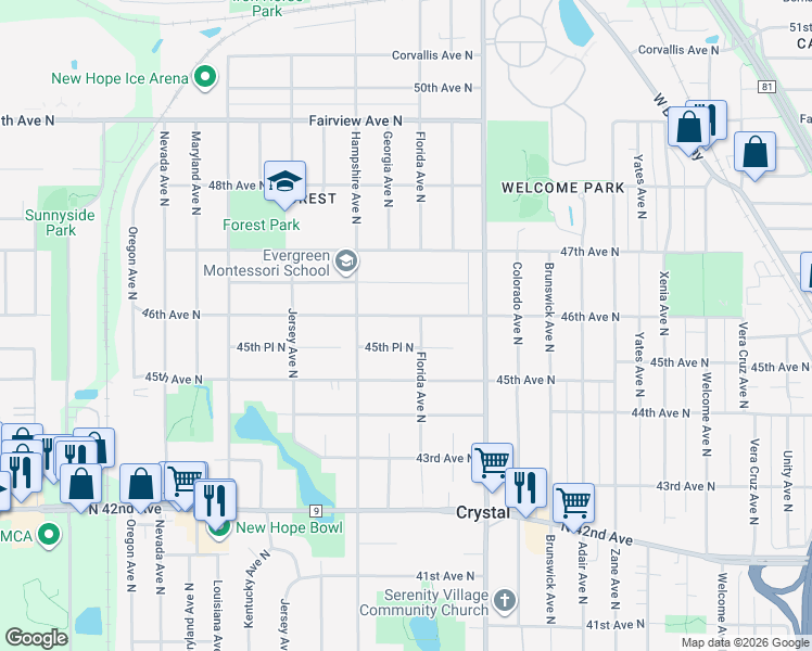 map of restaurants, bars, coffee shops, grocery stores, and more near 4533 Florida Avenue North in Minneapolis
