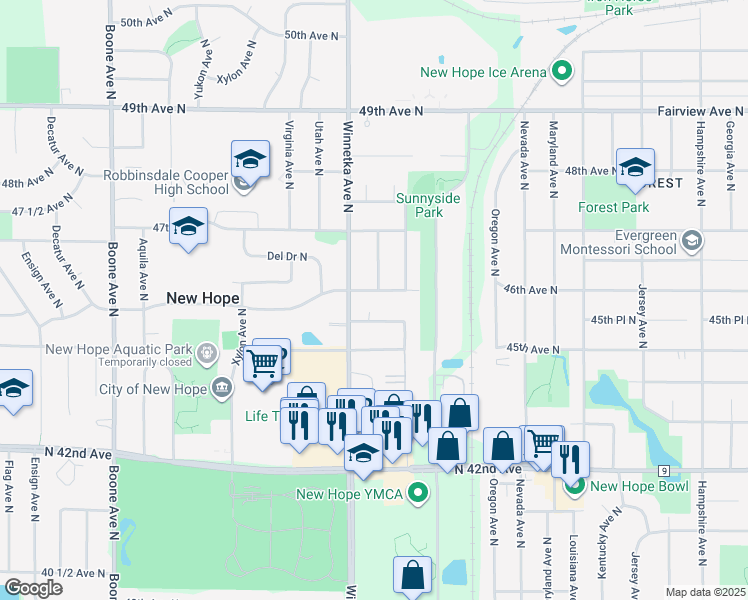 map of restaurants, bars, coffee shops, grocery stores, and more near 7800 45 1/2 Avenue North in Minneapolis