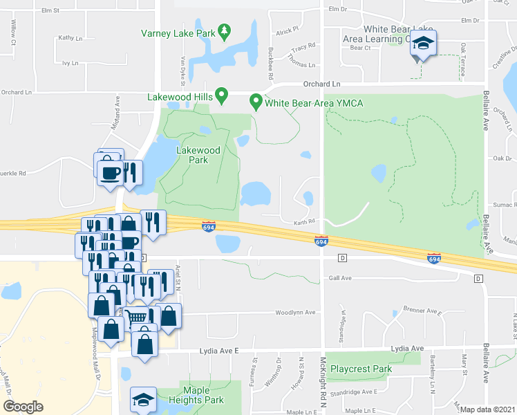 map of restaurants, bars, coffee shops, grocery stores, and more near 5 Bergeron Lane in White Bear Lake