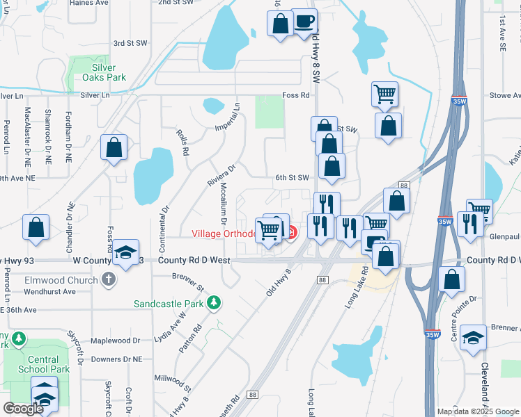 map of restaurants, bars, coffee shops, grocery stores, and more near 904 County Road D West in New Brighton