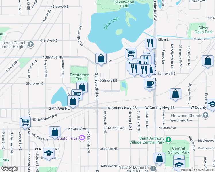 map of restaurants, bars, coffee shops, grocery stores, and more near 2551 38th Avenue Northeast in Saint Anthony