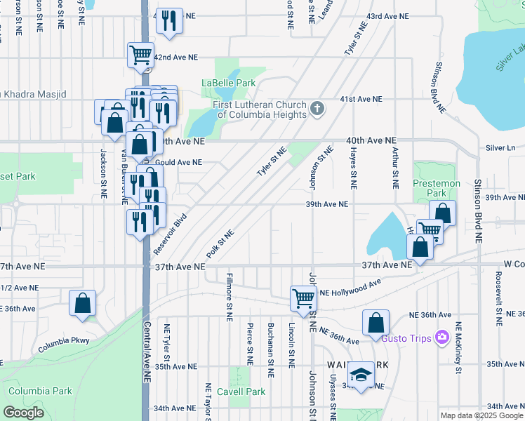 map of restaurants, bars, coffee shops, grocery stores, and more near 3830 Buchanan Street Northeast in Minneapolis