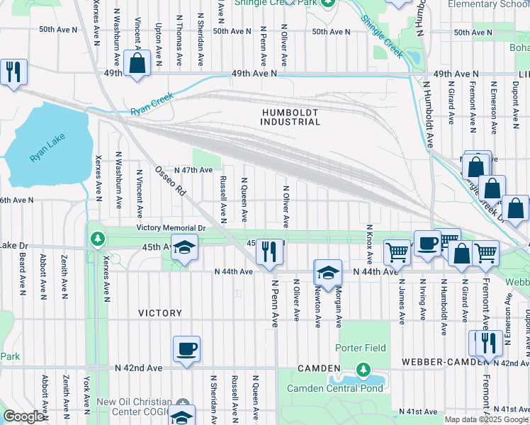 map of restaurants, bars, coffee shops, grocery stores, and more near 2144 Victory Memorial Drive in Minneapolis