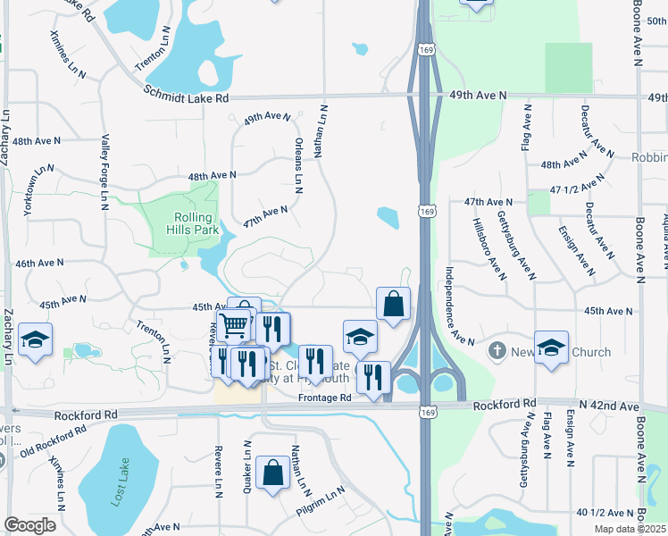 map of restaurants, bars, coffee shops, grocery stores, and more near 9900 45th Avenue North in Plymouth