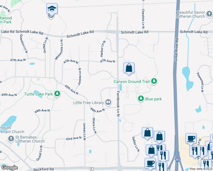 map of restaurants, bars, coffee shops, grocery stores, and more near 14415 45th Avenue North in Minneapolis