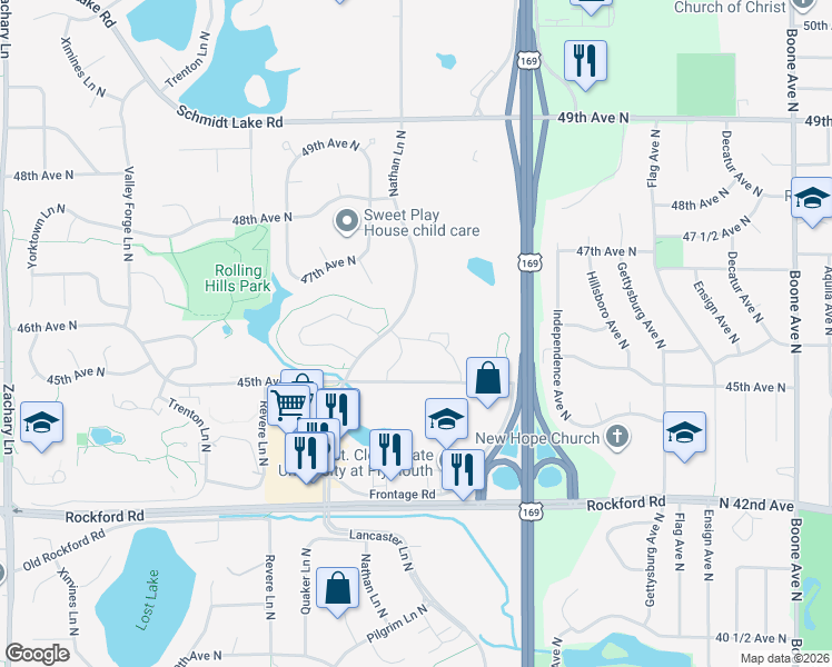 map of restaurants, bars, coffee shops, grocery stores, and more near 4540 Nathan Lane North in Minneapolis