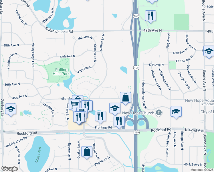 map of restaurants, bars, coffee shops, grocery stores, and more near 4540 Nathan Lane North in Plymouth