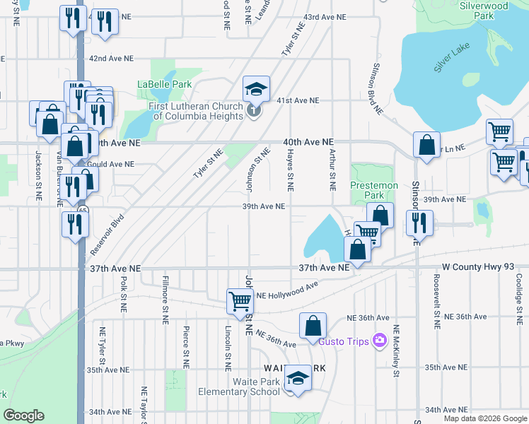 map of restaurants, bars, coffee shops, grocery stores, and more near 3820 Hayes Street Northeast in Columbia Heights