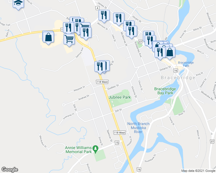 map of restaurants, bars, coffee shops, grocery stores, and more near 213 Quebec Street in Bracebridge