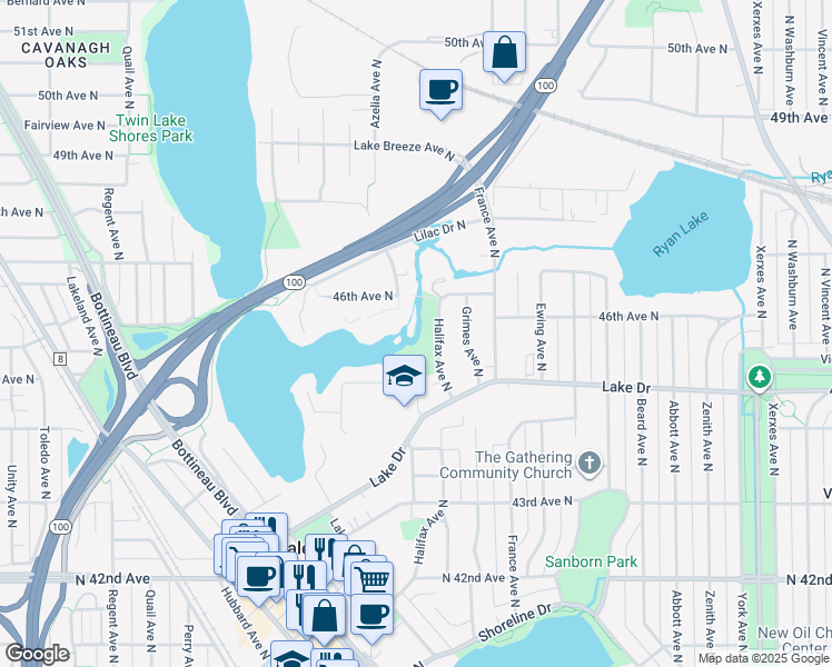 map of restaurants, bars, coffee shops, grocery stores, and more near 4545 Halifax Avenue North in Minneapolis