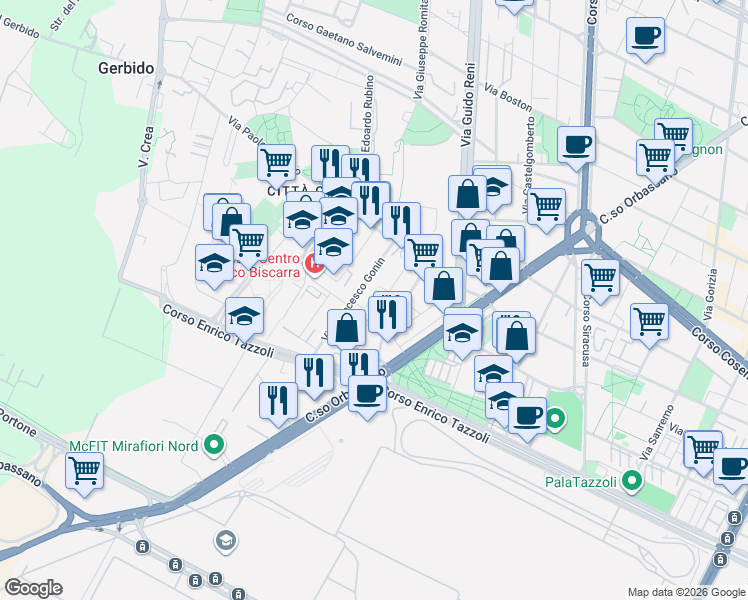 map of restaurants, bars, coffee shops, grocery stores, and more near 19 Via Giorgio Bellono in Torino