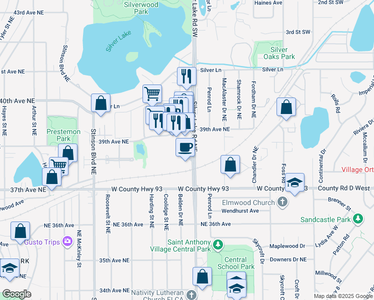 map of restaurants, bars, coffee shops, grocery stores, and more near 3704 Silver Lake Road Northeast in Minneapolis