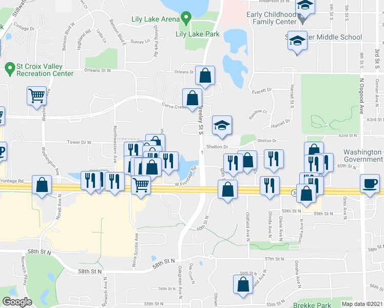 map of restaurants, bars, coffee shops, grocery stores, and more near 1940 Greeley Street South in Stillwater