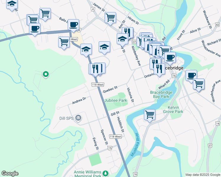 map of restaurants, bars, coffee shops, grocery stores, and more near 186 Quebec Street in Bracebridge
