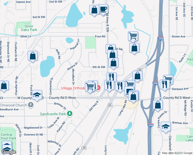 map of restaurants, bars, coffee shops, grocery stores, and more near 900 County Road D West in New Brighton